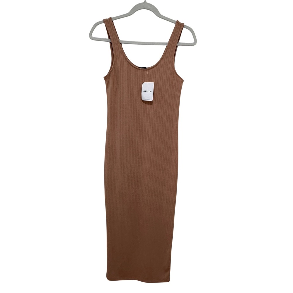 Forever 21 Ribbed Knit Midi Dress Womens Medium Taupe NEW Scoop Neck Sleeveless